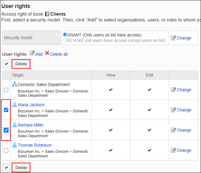 Screenshot: Checkboxes of users to be deleted are selected on the User rights screen. The Delete button is highlighted