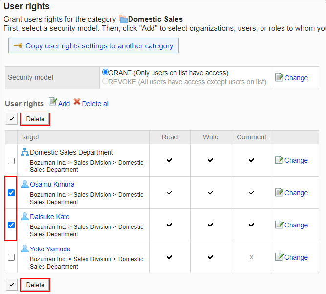 Screenshot: Checkboxes of users to be deleted are selected on the User rights screen. The Delete button is highlighted