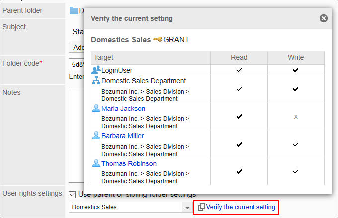 Image showing the settings of other folders to which you applied permissions