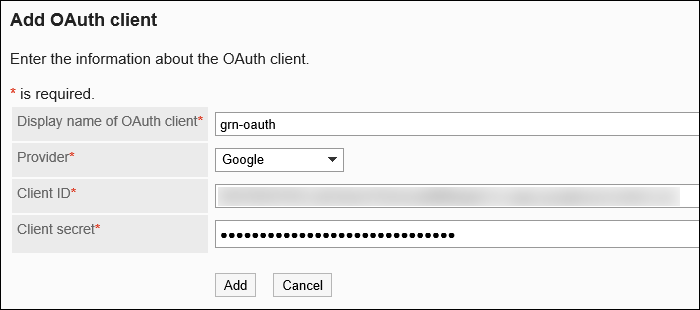 Screen capture: Entering OAuth client information