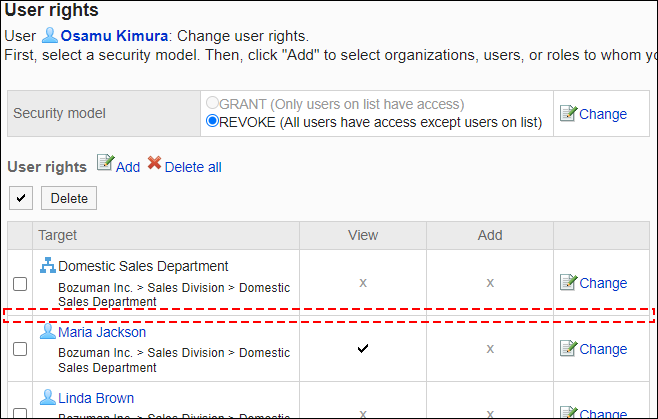 Screenshot: Example of permission settings. Daisuke Kato has been deleted from the user rights list