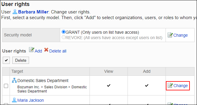 Screenshot: Link to change is highlighted in the list of User rights screen