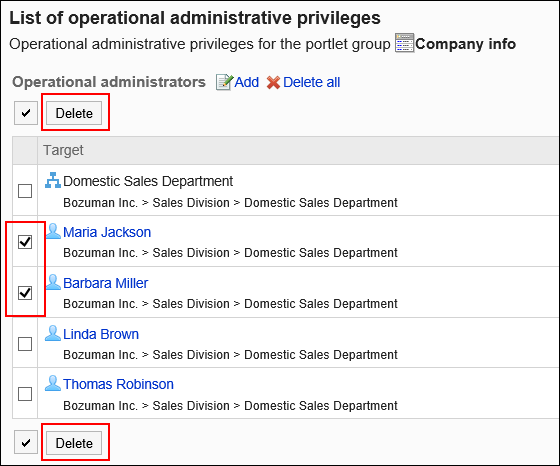 Image of operational administrative privileges selected to be deleted