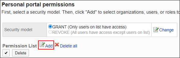 Screenshot: Link to add is highlighted in the Personal portal permissions screen