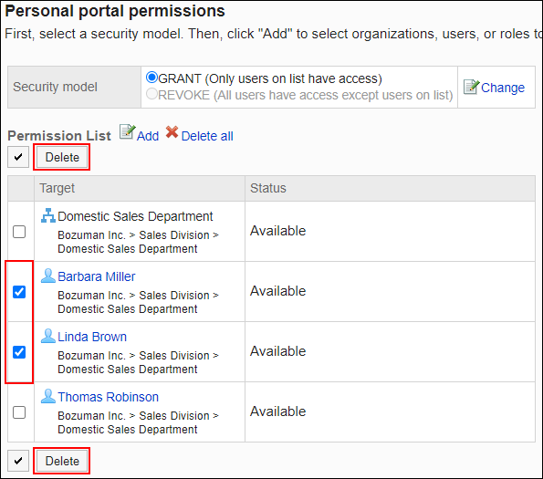 Screenshot: Checkboxes of users to be deleted are selected on the "Personal portal permissions" screen. The Delete button is highlighted