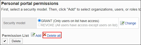 Screenshot: Link to delete all is highlighted in the Personal portal permissions screen