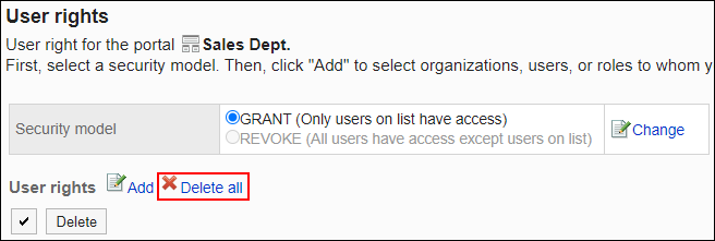 Screenshot: Link to delete all is highlighted in the list of User rights screen