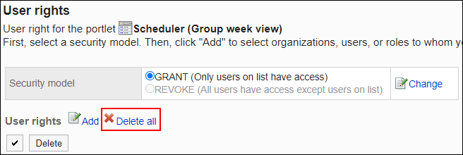 Screenshot: Link to delete all is highlighted in the list of User rights screen