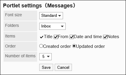 Portlet settings (Messages) screen