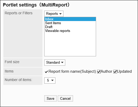 Portlet settings (MultiReport) screen