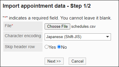 Screenshot: "Import appointment data" screen