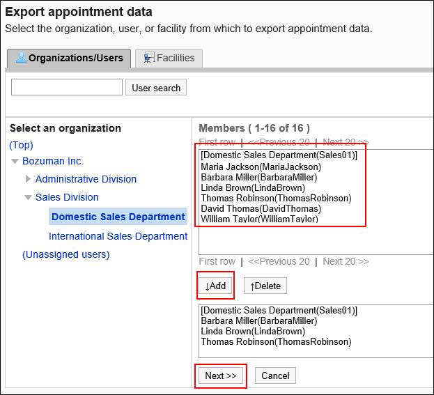 Image showing department to export appointments
