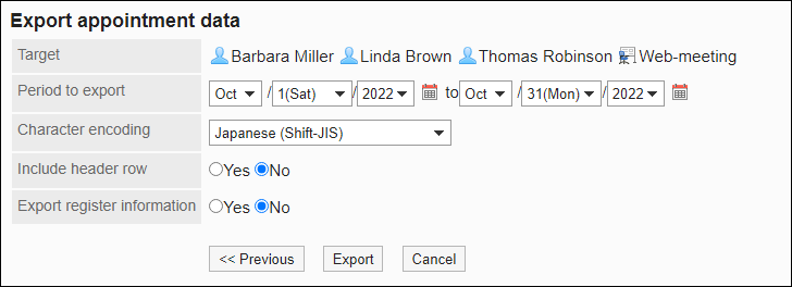 Screenshot: "Export appointment data" screen