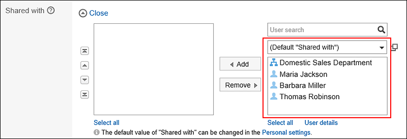 Screenshot: On the "New appointment" screen, the default value of the target to share the appointment is not configured for the "Shared with" field