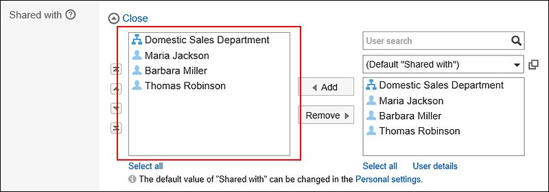 Screenshot: On the "New appointment" screen, the default value of the target to share the appointment is configured for the "Shared with" field