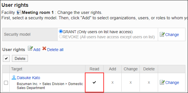 Screenshot: Example of permission settings. Only view permission is granted