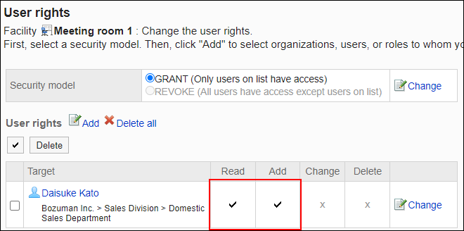 Screenshot: Example of permission settings. View and add permissions are granted