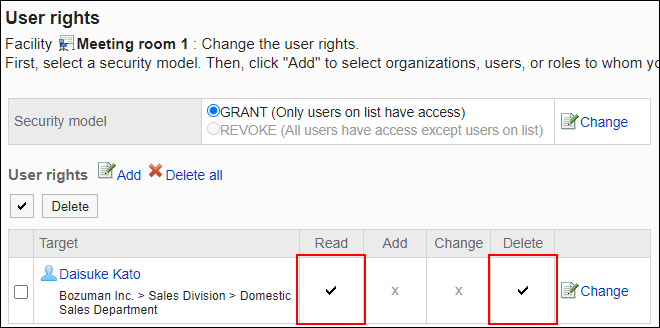 Screenshot: Example of permission settings. View and delete permissions are granted