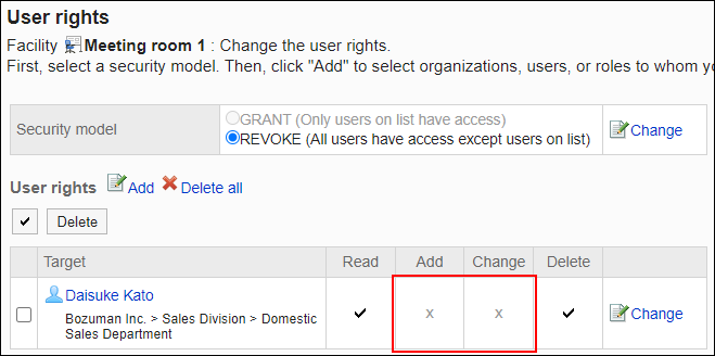 Screenshot: Example of permission settings. Add and change permissions have been removed