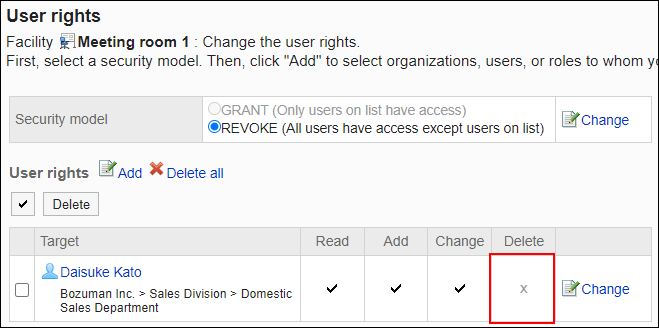 Screenshot: Example of permission settings. Delete permission has been removed