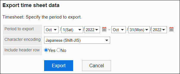 Screenshot: The "Export timesheet data" screen