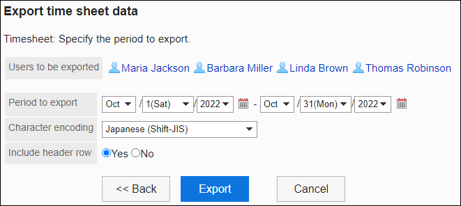 Screenshot: The "Export timesheet data" screen
