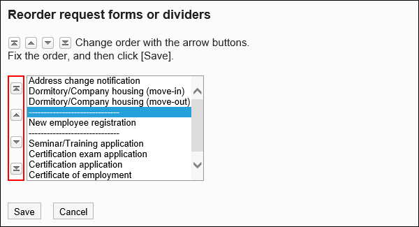 Screen to reorder request forms and dividers