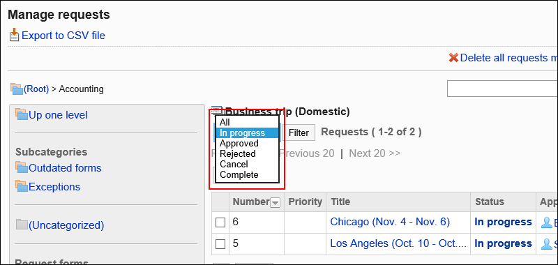 Images that filter data to be displayed in the request status