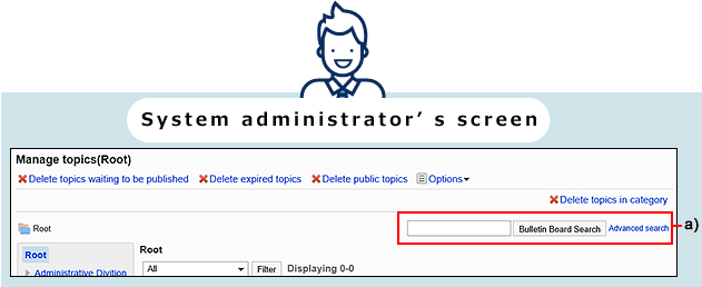 Screen capture: The search box on the system administration screen is highlighted