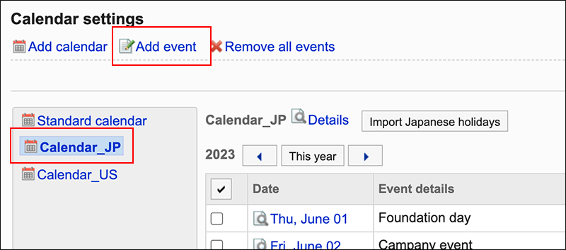 Screenshot: The link to add an event is highlighted on the "Calendar settings" screen after selecting a calendar