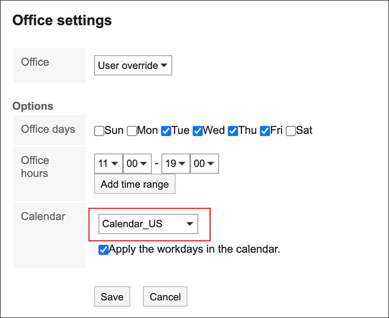 Screenshot: Selecting the calendar in which events have been added in the "Office settings" screen