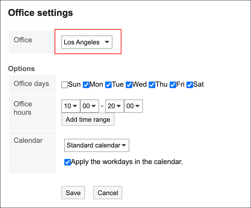 Screenshot: Selecting the office using the calendar in the "Office settings" screen