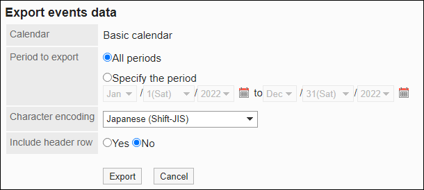 Screenshot: "Export events data" screen