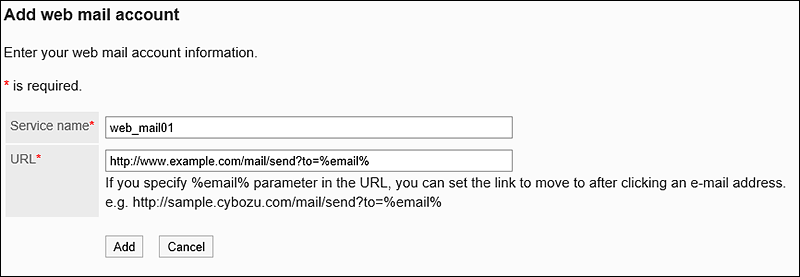 Add Web Mail screen
