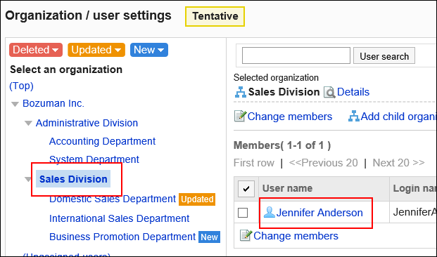 Organization/user settings (tentative) screen