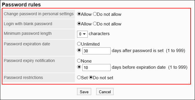 Screen to set limitations on passwords