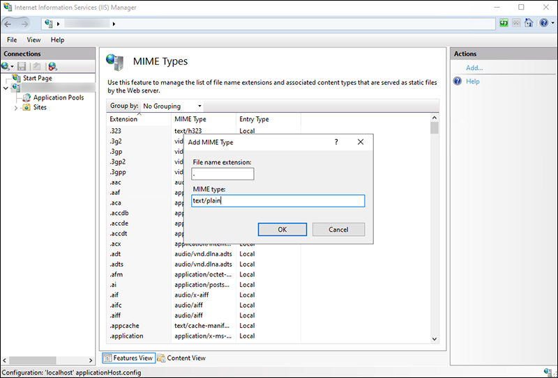 Screenshot: Configuring the file name extension and MIME type