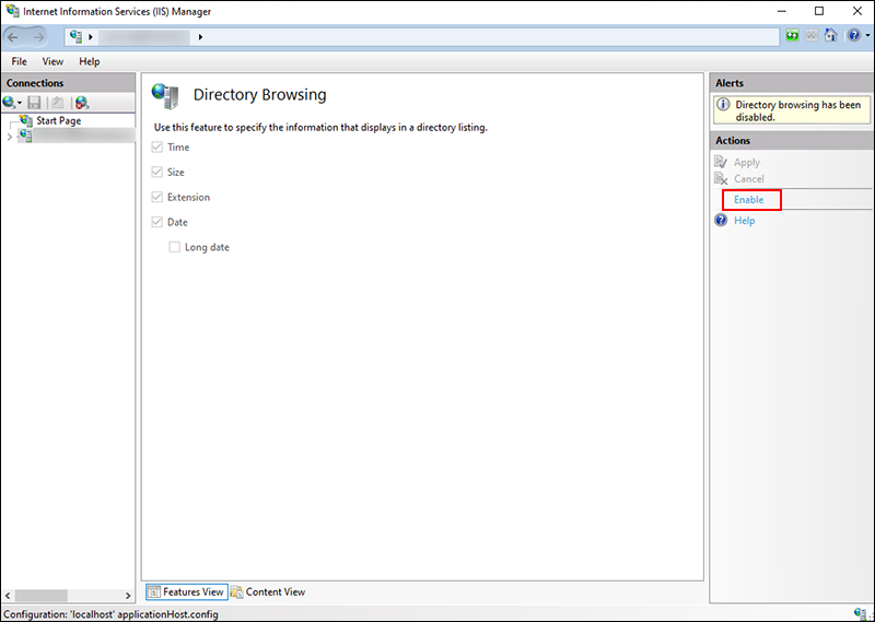 Screenshot: Directory Browsing screen in Internet Information Services Manager