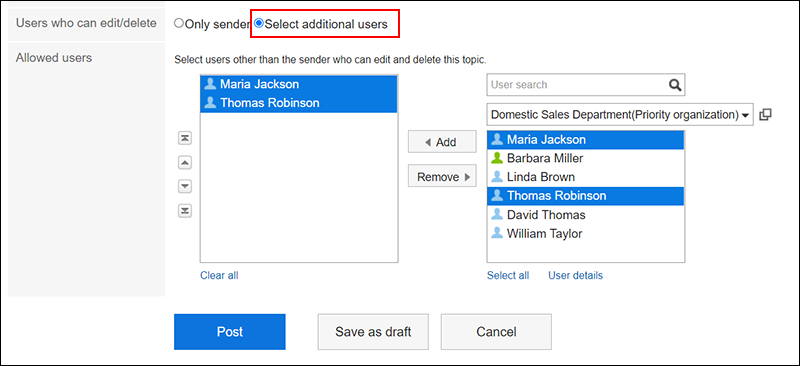 Screenshot: Configuring to whom you want to allow editing and deletion of the topics
