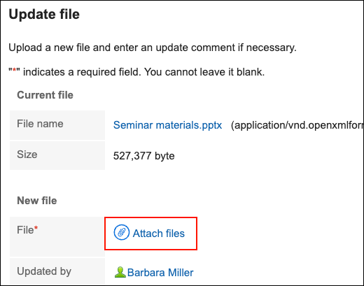 Screenshot: Link to attach files is highlighted in the Update file screen