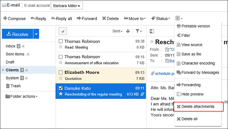Screenshot: Link to delete attachments is highlighted in the e-mail preview screen