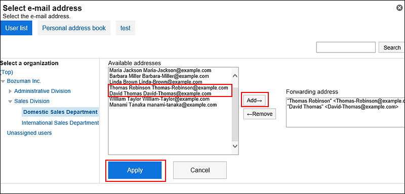 Image setting up the e-mail forwarding address from the address book