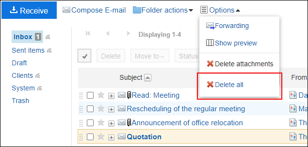 Screenshot: Link to delete all data in the folder is highlighted in the e-mail screen without preview
