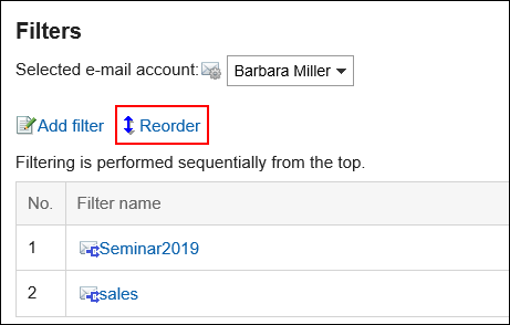 Image in which the action link for reordering filters is highlighted