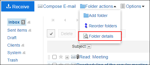 Screenshot: Link of 'Folder details' is highlighted in the e-mail screen without preview