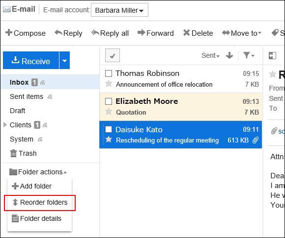 Screenshot: Link to reorder folders is highlighted in the e-mail preview screen