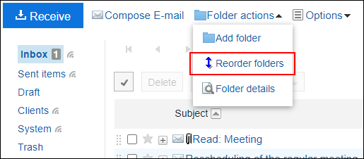 Screenshot: Link to reorder folders is highlighted in the e-mail screen without preview