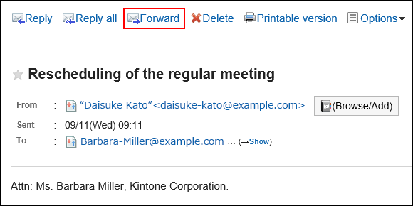 Screen capture: The "Forward" action link is emphasized on a window without preview for incoming e-mails