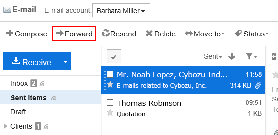 Screen capture: The "Forward" action link is emphasized on a window with preview for sent e-mails