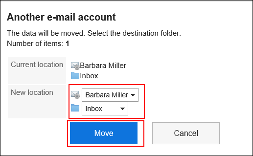 Screenshot: The "Another e-mail account" screen. An action link to move is highlighted